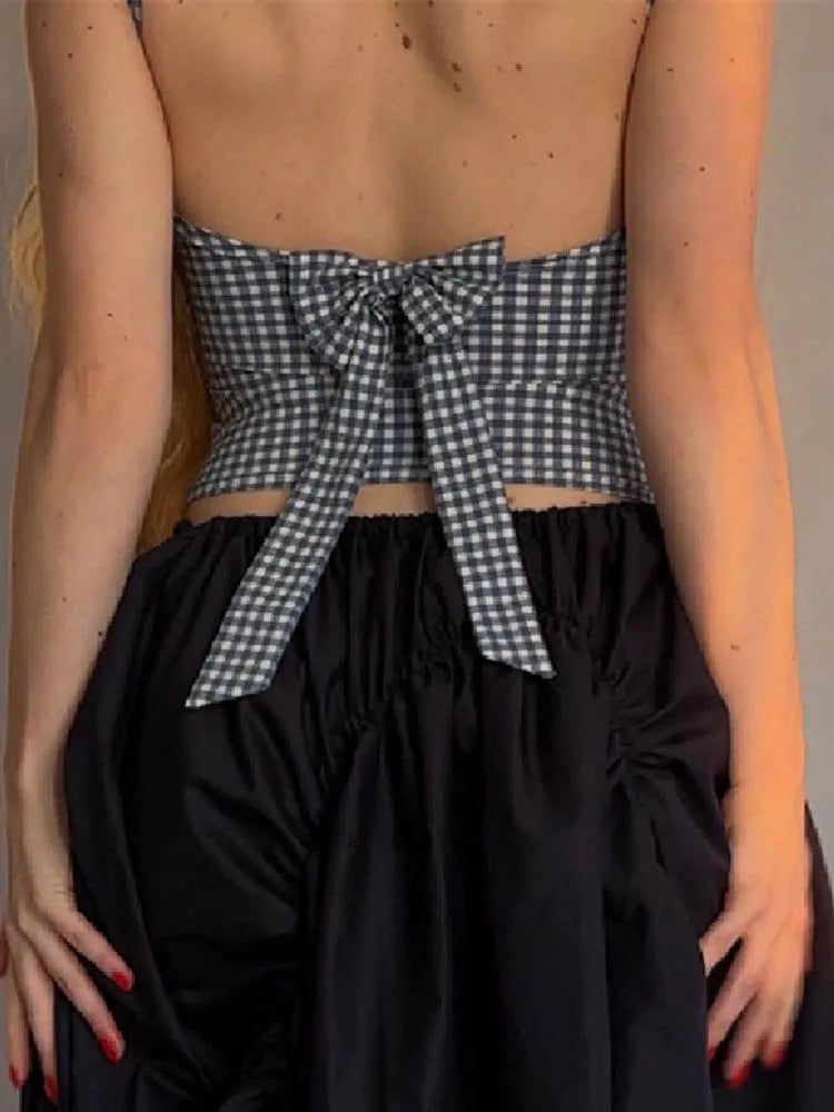 Korean Fashion Backless Plaid Print Bow Tie Sleeveless Crop Top 2025 Casual Streetwear Summer Slim Fit Corset Style
